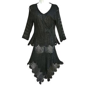St. John Evening Beaded Black 2pc Open Crochet Skirt Set Top Handkerchief Hem ML
